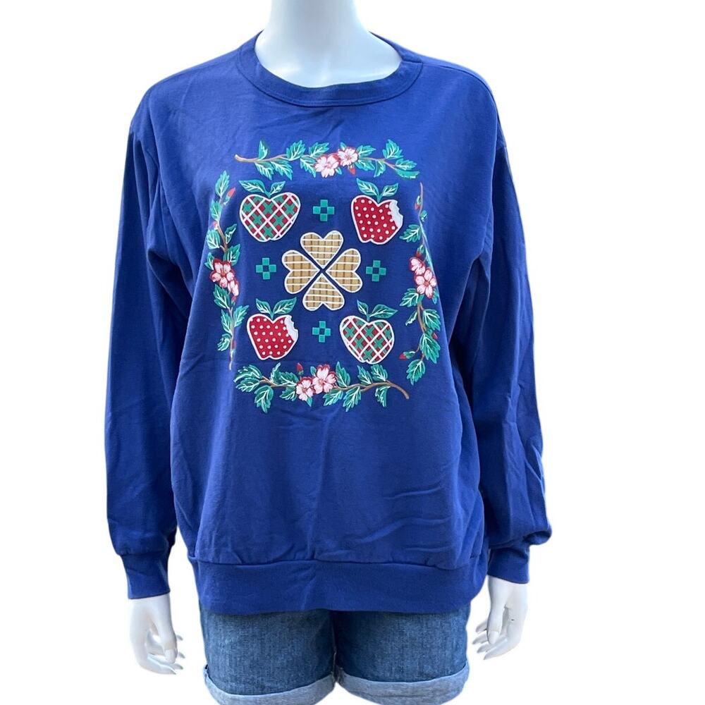 Blair Womens Vintage Apple Print Blue Sweatshirt Size XL